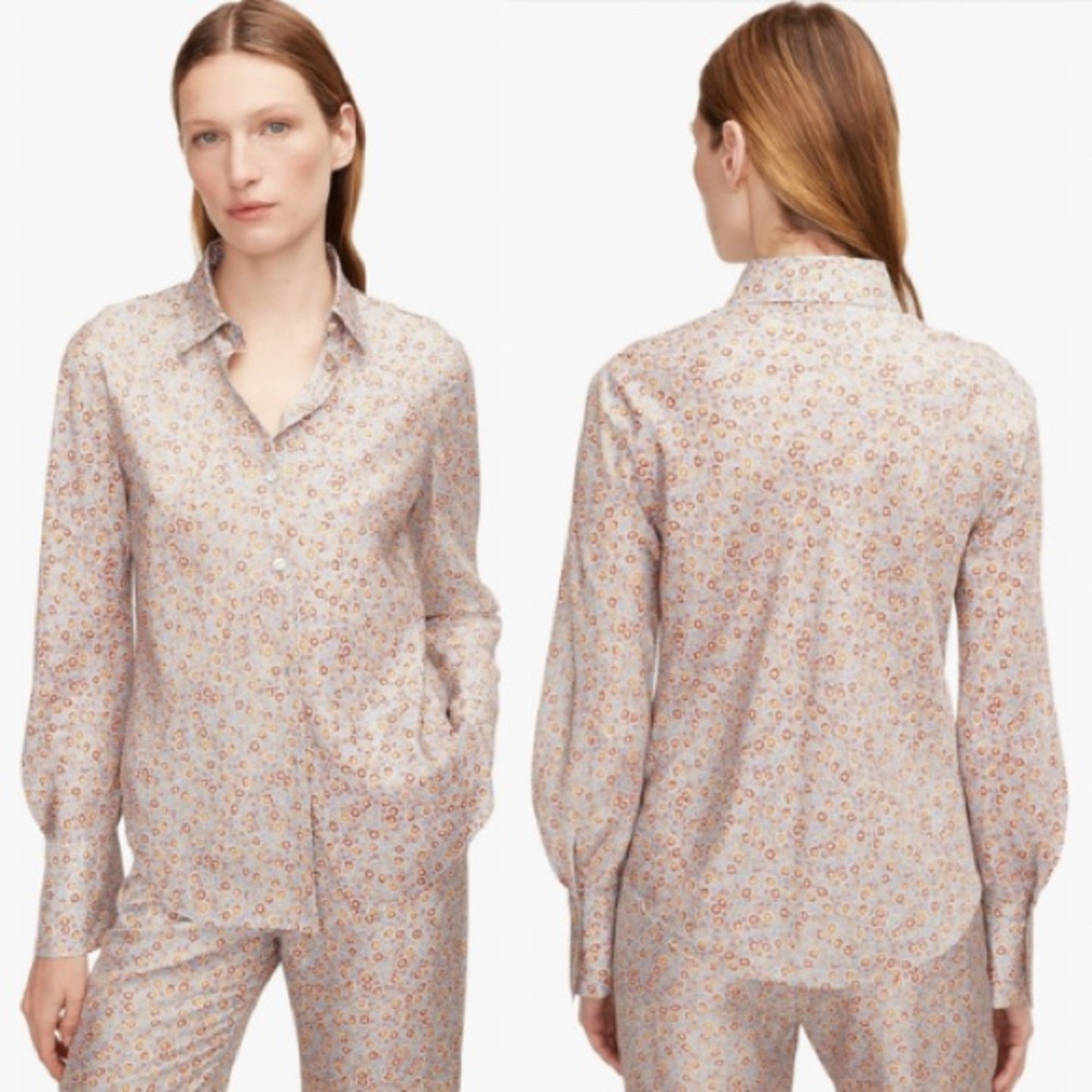 Rebecca Taylor Silk Floral Blouse 10 Blue Button Down Workwear Violet Fleur